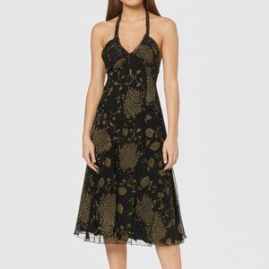 BCBGMAXAZRIA Silk Chiffon Halter Dress – Midnight Blue & Gold (Sample, NWT)